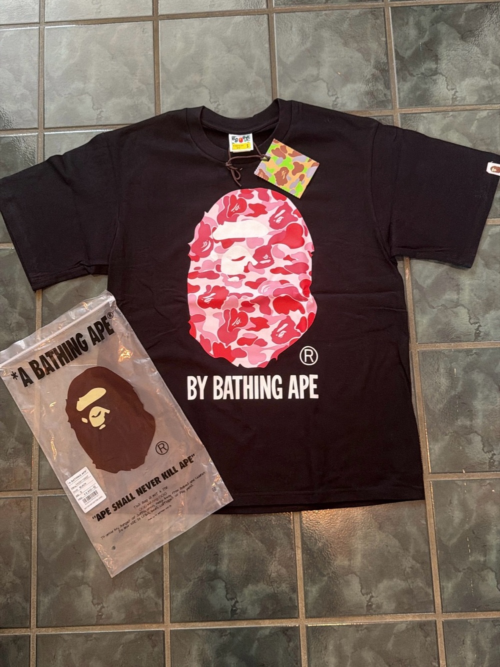A Bathing Ape Black T-Shirt with Pink Camo Ape Head